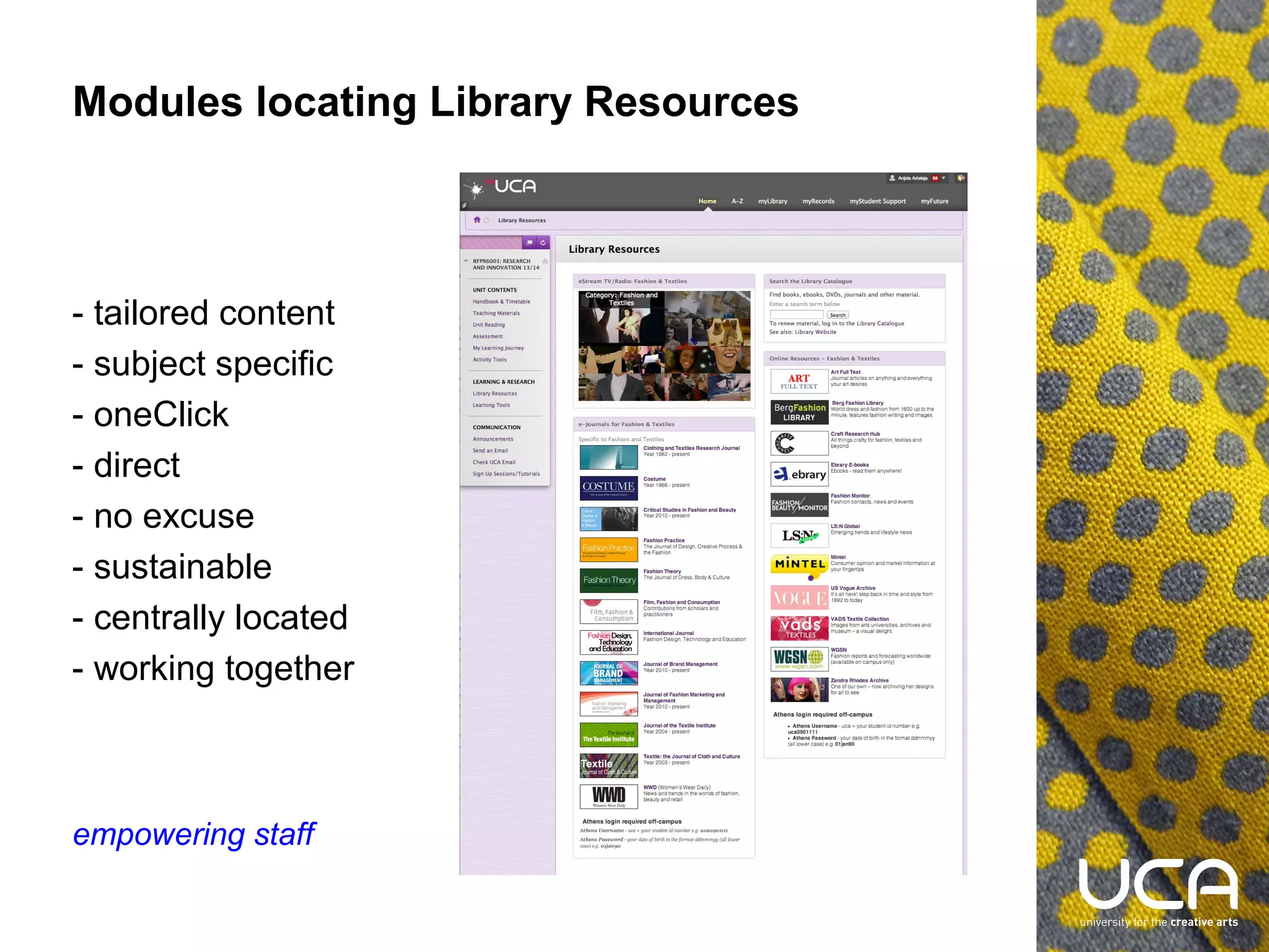 Modules locating Library Resources

- tailored content
- subject specific
- oneClick
- direct
- no excuse
- sustainable
- centrally located
- working together

empowering staff

 
