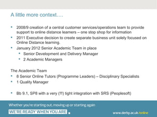 A little more context….

   2008/9 creation of a central customer services/operations team to provide
    support to online distance learners – one stop shop for information
   2011 Executive decision to create separate business unit solely focused on
    Online Distance learning.
   January 2012 Senior Academic Team in place
      Senior Development and Delivery Manager
      2 Academic Managers


The Academic Team
 8 Senior Online Tutors (Programme Leaders) – Disciplinary Specialists
 1 Quality Manager

   Bb 9.1, SP8 with a very (!!!) tight integration with SRS (Peoplesoft)
 