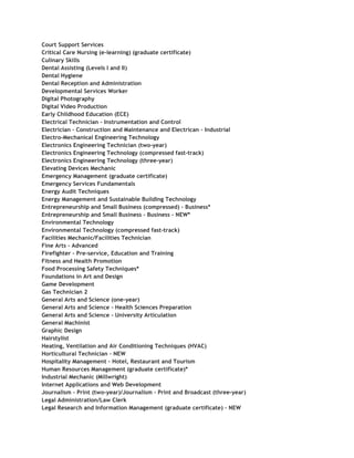 Court Support Services
Critical Care Nursing (e-learning) (graduate certificate)
Culinary Skills
Dental Assisting (Levels I and II)
Dental Hygiene
Dental Reception and Administration
Developmental Services Worker
Digital Photography
Digital Video Production
Early Childhood Education (ECE)
Electrical Technician – Instrumentation and Control
Electrician – Construction and Maintenance and Electrican – Industrial
Electro-Mechanical Engineering Technology
Electronics Engineering Technician (two-year)
Electronics Engineering Technology (compressed fast-track)
Electronics Engineering Technology (three-year)
Elevating Devices Mechanic
Emergency Management (graduate certificate)
Emergency Services Fundamentals
Energy Audit Techniques
Energy Management and Sustainable Building Technology
Entrepreneurship and Small Business (compressed) – Business*
Entrepreneurship and Small Business – Business – NEW*
Environmental Technology
Environmental Technology (compressed fast-track)
Facilities Mechanic/Facilities Technician
Fine Arts – Advanced
Firefighter – Pre-service, Education and Training
Fitness and Health Promotion
Food Processing Safety Techniques*
Foundations in Art and Design
Game Development
Gas Technician 2
General Arts and Science (one-year)
General Arts and Science – Health Sciences Preparation
General Arts and Science – University Articulation
General Machinist
Graphic Design
Hairstylist
Heating, Ventilation and Air Conditioning Techniques (HVAC)
Horticultural Technician – NEW
Hospitality Management – Hotel, Restaurant and Tourism
Human Resources Management (graduate certificate)*
Industrial Mechanic (Millwright)
Internet Applications and Web Development
Journalism – Print (two-year)/Journalism – Print and Broadcast (three-year)
Legal Administration/Law Clerk
Legal Research and Information Management (graduate certificate) – NEW
 