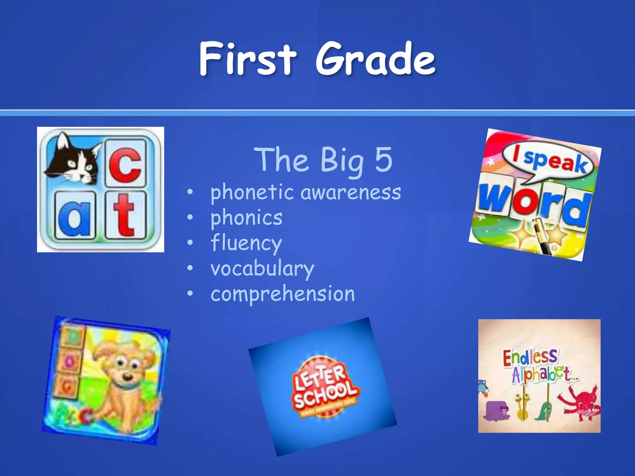 First Grade
The Big 5
• phonetic awareness
• phonics
• fluency
• vocabulary
• comprehension
 