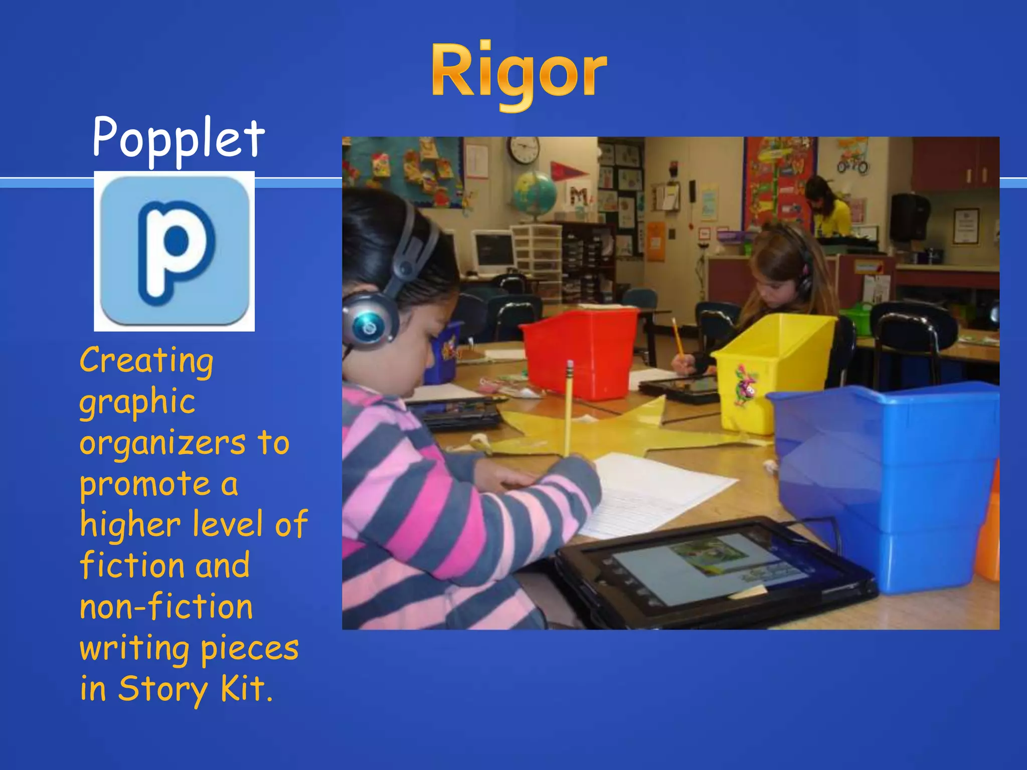 Creating
graphic
organizers to
promote a
higher level of
fiction and
non-fiction
writing pieces
in Story Kit.
Popplet
 