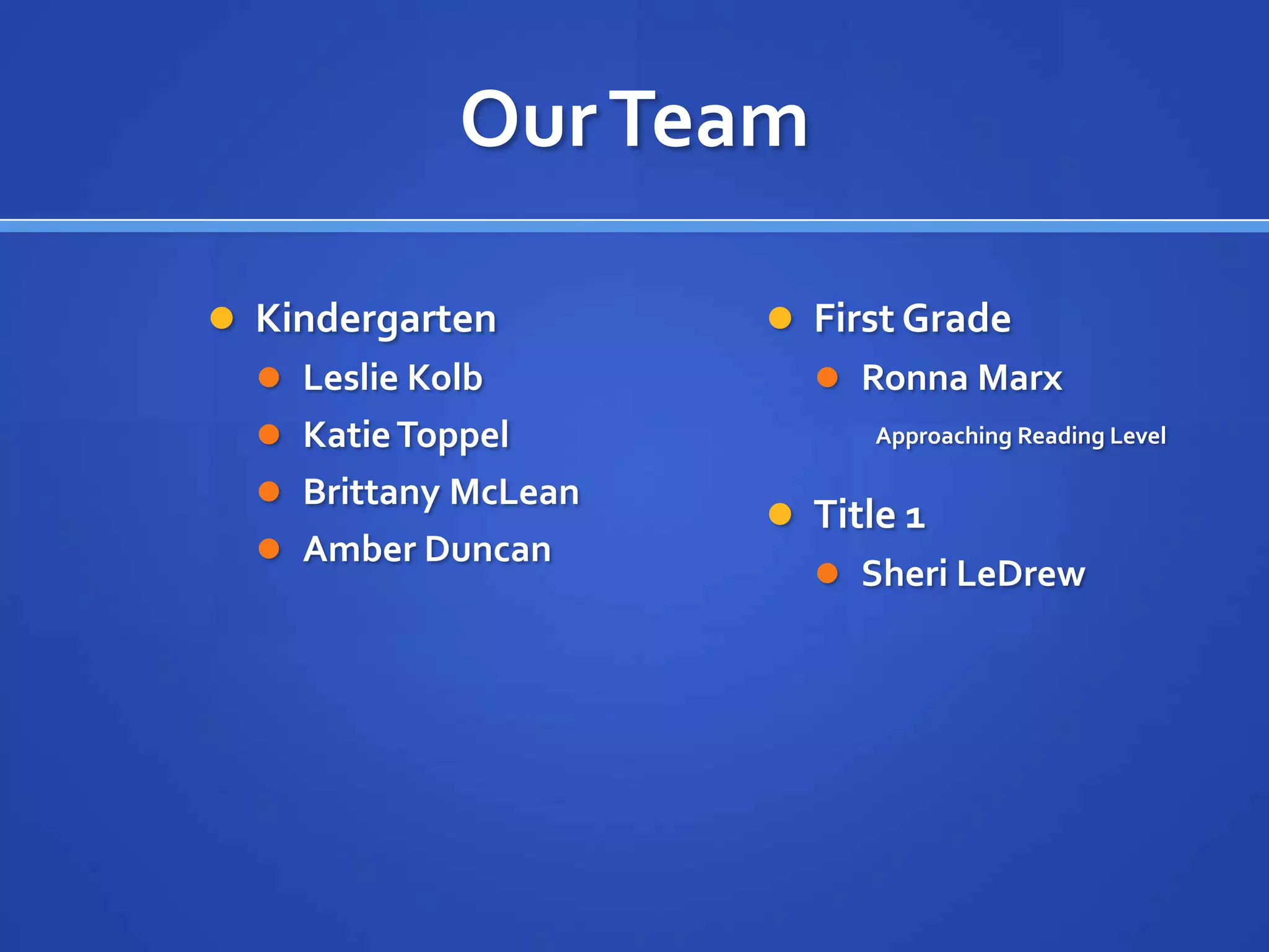 OurTeam
 Kindergarten
 Leslie Kolb
 KatieToppel
 Brittany McLean
 Amber Duncan
 First Grade
 Ronna Marx
Approaching Reading Level
 Title 1
 Sheri LeDrew
 
