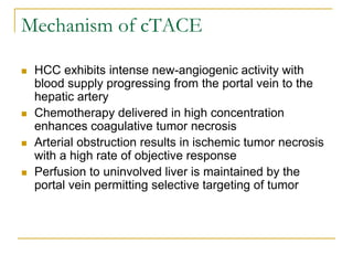 Mechanism of cTACE 
HCC exhibits intense new-angiogenic activity with blood supply progressing from the portal vein to the hepatic artery 
Chemotherapy delivered in high concentration enhances coagulative tumor necrosis 
Arterial obstruction results in ischemic tumor necrosis with a high rate of objective response 
Perfusion to uninvolved liver is maintained by the portal vein permitting selective targeting of tumor  