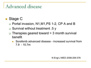 Advanced disease 
Stage C 
Portal invasion, N1,M1,PS 1-2, CP A and B 
Survival without treatment .5 y 
Therapies geared toward > 3 month survival benefit 
Sorafenib advanced disease - increased survival from 7.9 - 10.7m 
N Engl J MED 2008;359:378  