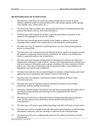 SECTION B SPECIAL EDUCATION REPORT- 2015/2016
RK:sc Section B-2 2015 06 30
RESPONSIBILITIES OF INTERVENOR
1. The Interveno...