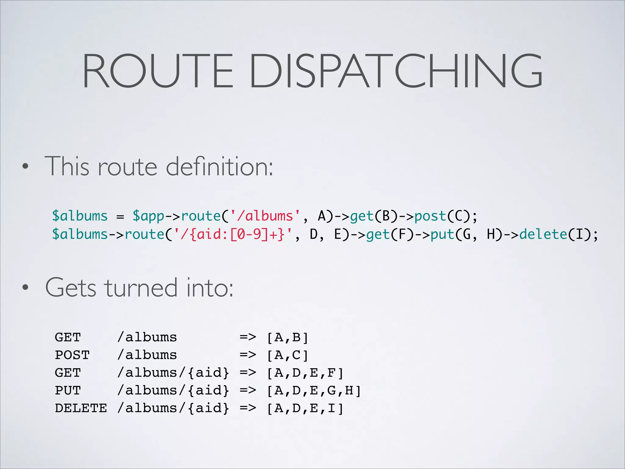 ROUTE DISPATCHING
•

This route deﬁnition:	

 
$albums = $app->route('/albums', A)->get(B)->post(C);	
$albums->route('/{aid:[0-9]+}', D, E)->get(F)->put(G, H)->delete(I);	

•

Gets turned into:	

 
GET
POST
GET
PUT
DELETE

/albums
/albums
/albums/{aid}
/albums/{aid}
/albums/{aid}

=>
=>
=>
=>
=>

[A,B]"
[A,C]"
[A,D,E,F]"
[A,D,E,G,H]"
[A,D,E,I]

 