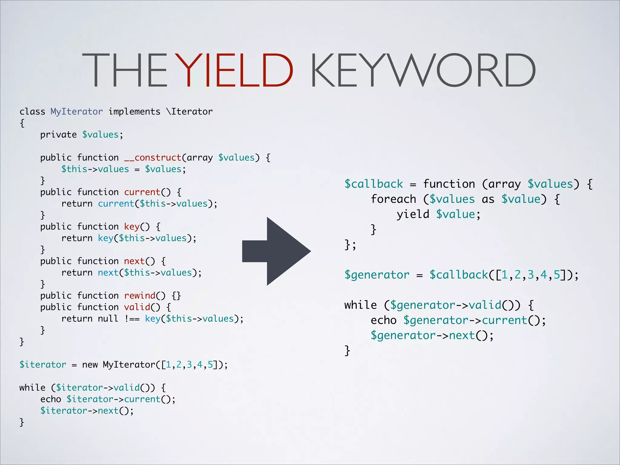 THE YIELD KEYWORD
class MyIterator implements Iterator	
{	
private $values;	

!

public function __construct(array $values) {	
$this->values = $values;	
}	
public function current() {	
return current($this->values);	
}	
public function key() {	
return key($this->values);	
}	
public function next() {	
return next($this->values);	
}	
public function rewind() {}	
public function valid() {	
return null !== key($this->values);	
}	

}	
 	
$iterator = new MyIterator([1,2,3,4,5]);	
 	
while ($iterator->valid()) {	
echo $iterator->current();	
$iterator->next();	
}

$callback = function (array $values) {	
foreach ($values as $value) {	
yield $value;	
}	
};	
 	
$generator = $callback([1,2,3,4,5]);	
 	
while ($generator->valid()) {	
echo $generator->current();	
$generator->next();	
}

 
