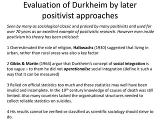 Evaluation of Durkheim by later
positivist approaches
Seen by many as sociological classic and praised by many positivists and used for
over 70 years as an excellent example of positivistic research. However even inside
positivism his theory has been criticised:
1 Overestimated the role of religion, Halbwachs (1930) suggested that living in
urban, rather than rural areas was also a key factor
2 Gibbs & Martin (1964) argue that Durkheim’s concept of social integration is
too vague – to them he did not operationalise social integration (define it such a
way that it can be measured)
3 Relied on official statistics too much and these statistics may well have been
invalid and incomplete. In the 19th century knowledge of causes of death was still
limited. Also many countries lacked the organisational structures needed to
collect reliable statistics on suicides.
4 His results cannot be verified or classified as scientific sociology should strive to
do.

 
