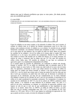 debería tener aquí la influencia profiláctica que ejerce en otras partes. ¿De dónde procede,
pues, tan considerable agravación?
CUADROXXIII
COMPARACIÓN DE LOS SUICIDIOS MILITARES Y DE LOS SUICIDIOS CIVILES EN LOS PRINCIPALES
PAÍSESDE EUROPA
Suicidios por
mill.
soldados
mill. civiles
misma edad
Coef. agravac.
sold./civiles
Austria (1876-90)
Estados Unidos (1870-84)
Italia (1876-90)
Inglaterra (1876-90)
Wurtemberg (1846-59)
Sajonia (1847-58)
Prusia (1876-90)
Francia (1876-90)
1.253
680
407
209
320
640
607
333
122
80
77
79
170
369
394
265
10
8,5
5,2
2,6
1,92
1,77
1,50
1,25
Como los soldados no son nunca casados, se ha achacado al celibato. Pero, por lo pronto, el
celibato no debería tener en el ejército tan funestas consecuencias como en la vida civil;
porque, como acabamos de decir, el soldado no es un solitario. Es miembro de una sociedad
fuertemente constituida y de naturaleza bastante para reemplazar en parte a la familia. Pero
sea lo que quiera de esta hipótesis, hay un medio de aislar ese factor. Basta con comparar
los suicidios de los soldados y los de los célibes de la misma edad; el cuadro XXI, cuya
importancia se ve de nuevo, nos permite esta comparación. Durante los años 1888-91, se
han contado en Francia 380 suicidios por un millón del efectivo; en el misma momento, los
solteros de veinte a veinticinco años no daban más que 237. Por cada 100 suicidios de
célibes civiles, había, pues, 160 suicidios de militares, lo que hace un coeficiente de
agravación, igual a 1,6, completamente independiente del celibato.
Si se cuentan aparte los suicidios de suboficiales, ese coeficiente es todavía más elevado.
Durante el período 1867-74, un millón de suboficiales daba un promedio anual de 993
suicidios. Según un censo hecho en 1866, tenían una edad media de un poco más de treinta
años. No ignoramos, ciertamente, la cifra a que subían entonces los suicidios de célibes de
treinta años; los cuadros que hemos formado se refieren a una época mucho más reciente
(1889-91), y son los únicos que existen; pero el tomar por puntos de mira las cifras que nos
dan el error que cometemos, no podrá tener otro efecto que de disminuir el coeficiente de
agravación de los suboficiales, por bajo del que verdaderamente era. En efecto, habiendo
casi doblado el número de los suicidios de uno a otro de esos períodos, el porcentaje de los
célibes de la edad considerada ha aumentado ciertamente. Por consiguiente, al comparar los
suicidios de los suboficiales de 1867-74 a los de los solteros de 1889-91, podríamos, desde
luego, atenuar, y no empeorar la mala influencia de la profesión militar. Así, pues, si, a
pesar de este error, encontramos, no obstante, un coeficiente de agravación, podemos estar
seguros no sólo de que es real, sino de que sensiblemente es más importante de como
aparece en el cálculo. Ahora bien, en 1889-91, un millón de célibes de treinta y un años
daba una cifra de suicidios comprendida entre 394 y 627, o sea alrededor de 510. Este
número es a 993 como 100 es a 194; lo que implica un coeficiente de agravación de 1,94,
que se puede casi elevar a cuatro, sin temor de sobrepasar la realidad37
.
 