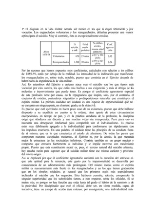 3º El disgusto en la vida militar debería ser menor en los que la eligen libremente y por
vocación. Los enganchados voluntarios y los reenganchados, deberían presentar una menor
aptitud para el suicidio. Muy al contrario, éste es excepcionalmente crecido.
%
suicids.
x mill.
Edad
media
probable
% célibes
civiles
misma edad
(1880-91)
Coef.
agrava-
ción
Años
1875-78
Voluntarios
Reenganchados
670
1.300
25 años
30 años
e/237 y 394
(315)
e/394 y 627
(510)
2,12
2,54
Por las razones que hemos expuesto, esos coeficientes, calculados con relación a los célibes
de 1889-91, están por debajo de la realidad. La intensidad de la inclinación que manifiestan
los reenganchados es, sobre todo, notable, puesto que continúa en el Ejército después de
haber hecho la experiencia de la vida militar.
Así, los miembros del Ejército a quienes ataca más el suicidio son los que tienen más
vocación por esta carrera, los que están más hechos a sus exigencias y más al abrigo de las
molestias e inconvenientes que puede tener. Es porque el coeficiente agravatorio especial
de esta profesión tiene por causa, no la repugnancia que inspira, sino, por el contrario, el
conjunto de estados, costumbres adquiridas o predisposiciones naturales que constituyen el
espíritu militar. La primera cualidad del soldado es una especie de impersonalidad que no
se encuentra en ninguna parte, en el mismo grado, en la vida civil.
Es preciso que esté ejercitado en hacer poco caso de su existencia, puesto que debe hallarse
dispuesto a su sacrificio en cuanto se le ordene. Aun aparte de estas circunstancias
excepcionales, en tiempo de paz, y en la práctica cotidiana de la profesión, la disciplina
exige que obedezca sin discutir y aun muchas veces sin comprender. Pero para eso es
necesaria una abnegación intelectual poco compatible con el individualismo. Es preciso
estar muy débilmente apegado a la individualidad para conformarse tan rápidamente con
los impulsos exteriores. En una palabra, el soldado tiene las principios de su conducta fuera
de sí mismo, que es lo que caracteriza al estado de altruismo. De todas las partes que
componen nuestras sociedades modernas, el Ejército es, por la demás, la que recuerda
mejor la estructura de las sociedades inferiores. Consiste también en un grupo macizo y
compacto, que enmarca fuertemente al individuo y le impide moverse con movimiento
propio. Puesto que esta constitución moral es, pues, el terreno natural del suicidio altruista,
hay mucha razón para suponer que el suicidio militar tiene ese mismo carácter y proviene
del mismo origen.
Así se explicará por qué el coeficiente agravatorio aumenta con la duración del servicio; es
que esta aptitud para la renuncia, este gusto por la impersonalidad se desarrolla por
consecuencia de un adiestramiento más prolongado. Del mismo modo, como el espíritu
militar es necesariamente más fuerte en los reenganchados y en los que tienen graduación
que en los simples soldados; es natural que los primeros estén más especialmente
inclinados al suicidio que los segundos. Esta hipótesis permite, además, comprender la
singular superioridad que los suboficiales tienen, a este respecto, sobre los oficiales. Si se
matan más, es porque no hay función que exija hasta tal grado el hábito de la sumisión y de
la pasividad. Por disciplinado que esté el oficial, debe ser, en cierta medida, capaz de
iniciativa; tiene un campo de acción más extenso; por consiguiente, una individualidad más
 