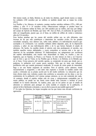 Del mismo modo, en Italia, Bolonia es, de todos los distritos, aquél donde menos se matan
los soldados (180 suicidios por un millón); es también donde más se matan los civiles
(89,5).
Las Ponilles y los Abruzos, al contrario, cuentan muchos suicidios militares (370 y 400 por
millón), y sólo 15 ó 16 suicidios civiles. Observaciones análogas se pueden hacer en
Francia. El Gobierno militar de París, con 260 suicidios por un millón, está muy por debajo
del cuerpo de Ejército de Bretaña, que tiene 140. Aun en París, el coeficiente de agravación
debe ser insignificante, puesto que, en el Sena, un millón de célibes de veinte a veinticinco
años da 214 suicidios.
Esos hechos prueban que las causas del suicidio militar son, no sólo diferentes, sino
inversas de las que más contribuyen a determinar los suicidios civiles, En las grandes
sociedades europeas, esos últimos son, sobre todo, debidos a la individuación excesiva que
acompaña a la civilización. Los suicidios militares deben depender, pues, de la disposición
contraria, a saber: de una individuación débil, o de lo que hemos llamado el estado de
altruismo. De hecho, los pueblos donde el ejército está más predispuesto al suicidio, son
también aquellos menos adelantados, y cuyas costumbres se acercan más a las que se
observan en las sociedades inferiores. El tradicionalismo, ese antagonismo por excelencia
del espíritu individualista, está mucho más desarrollado en Italia, en Austria y aun en
Inglaterra, que en Sajonia, en Prusia y en Francia. Es más intenso en Zara y en Cracovia
que en Gres y que en Viena; en las Ponilles que en Roma o en Bolonia; en la Bretaña que
en el Sena. Como preserva del suicidio egoísta, se comprende sin pena que donde aun es
poderoso, la población civil cuente pocos suicidios. Sólo que no tiene esta influencia
profiláctica más que cuando permanece moderado. Si excede de cierto grado de intensidad,
llega a ser una fuente originaria de suicidios. Pero el ejército, como sabemos, tiende
necesariamente a exagerarlo, y está tanto más expuesto a exceder la medida cuanto más
ayuda y reforzada sea su propia acción por la del medio ambiente. La educación que da
tiene efectos tanto más violentos cuanto más conforme se encuentra con las ideas y con los
sentimientos de la población civil misma; porque entonces, ya no está contenida por nada.
Al contrario, donde el espíritu militar está sin cesar y enérgicamente contradicho por la
morar pública, no puede ser tan fuerte como donde todo concurre a inclinar al joven
soldado en la misma dirección. Se explica, pues, que en los países en que el estado de
altruismo es suficiente para proteger en cierta medida el conjunto de la población, el
ejército la lleve fácilmente a tal punto, y sea en ella la causa de una notable agravación41
.
2º En todos los Ejércitos, las tropas escogidas son las que tienen más elevado coeficiente de
agravación.
Edad media
real o prob.
Suicids. x
millón
Coef. de agrav.
Cuerpos
espec. París
Gendarmería
Veteranos
(suprim. en
1872)
de 30 a 35
- --
de 45 a 55
570 (1862-78)
570 (1873)
2.860
2,45
2,45
2,37
Con respcto a poblac.
civil. masc. de 35
años (todos los
estados)
Con respecto a
célibes misma edad,
años 1889-91
 