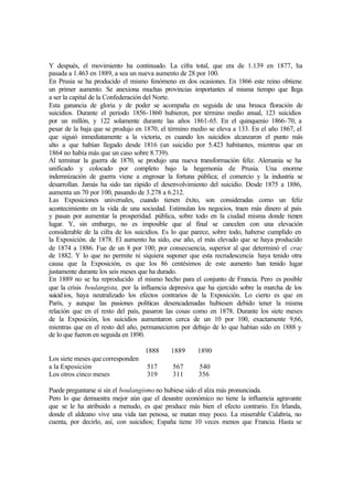 Y después, el movimiento ha continuado. La cifra total, que era de 1.139 en 1877, ha
pasada a 1.463 en 1889, a sea un nueva aumento de 28 por 100.
En Prusia se ha producido el mismo fenómeno en dos ocasiones. En 1866 este reino obtiene
un primer aumento. Se anexiona muchas provincias importantes al misma tiempo que llega
a ser la capital de la Confederación del Norte.
Esta ganancia de gloria y de poder se acompaña en seguida de una brusca floración de
suicidios. Durante el período 1856-1860 hubieron, por término medio anual, 123 suicidios
por un millón, y 122 solamente durante las años 1861-65. En el quinquenio 1866-70, a
pesar de la baja que se produjo en 1870, el término medio se eleva a 133. En el año 1867, el
que siguió inmediatamente a la victoria, es cuando los suicidios alcanzaron el punto más
alto a que habían llegado desde 1816 (un suicidio por 5.423 habitantes, mientras que en
1864 no había más que un caso sobre 8.739).
Al terminar la guerra de 1870, se produjo una nueva transformación feliz. Alemania se ha
unificado y colocado por completo bajo la hegemonía de Prusia. Una enorme
indemnización de guerra viene a engrosar la fortuna pública; el comercio y la industria se
desarrollan. Jamás ha sido tan rápido el desenvolvimiento del suicidio. Desde 1875 a 1886,
aumenta un 70 por 100, pasando de 3.278 a 6.212.
Las Exposiciones universales, cuando tienen éxito, son consideradas como un feliz
acontecimiento en la vida de una sociedad. Estimulan los negocios, traen más dinero al país
y pasan por aumentar la prosperidad. pública, sobre todo en la ciudad misma donde tienen
lugar. Y, sin embargo, no es imposible que al final se cancelen con una elevación
considerable de la cifra de los suicidios. Es lo que parece, sobre todo, haberse cumplido en
la Exposición. de 1878. El aumento ha sido, ese año, el más elevado que se haya producido
de 1874 a 1886. Fue de un 8 por 100; por consecuencia, superior al que determinó el crac
de 1882. Y lo que no permite ni siquiera suponer que esta recrudescencia haya tenido otra
causa que la Exposición, es que los 86 centésimos de este aumento han tenido lugar
justamente durante los seis meses que ha durado.
En 1889 no se ha reproducido el mismo hecho para el conjunto de Francia. Pero es posible
que la crisis boulangista, por la influencia depresiva que ha ejercido sobre la marcha de los
suicidios, haya neutralizado los efectos contrarios de la Exposición. Lo cierto es que en
París, y aunque las pasiones políticas desencadenadas hubiesen debido tener la misma
relación que en el resto del país, pasaron las cosas como en 1878. Durante los siete meses
de la Exposición, los suicidios aumentaron cerca de un 10 por 100, exactamente 9,66,
mientras que en el resto del año, permanecieron por debajo de lo que habían sido en 1888 y
de lo que fueron en seguida en 1890.
1888 1889 1890
Los siete meses quecorresponden
a la Exposición 517 567 540
Los otros cinco meses 319 311 356
Puede preguntarse si sin el boulangismo no hubiese sido el alza más pronunciada.
Pero lo que demuestra mejor aún que el desastre económico no tiene la influencia agravante
que se le ha atribuido a menudo, es que produce más bien el efecto contrario. En Irlanda,
donde el aldeano vive una vida tan penosa, se matan muy poco. La miserable Calabria, no
cuenta, por decirlo, así, con suicidios; España tiene 10 veces menos que Francia. Hasta se
 