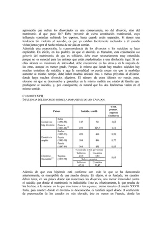 agravación que sufren los divorciados es una consecuencia, no del divorcio, sino del
matrimonio al que puso fin? Debe provenir de cierta constitución matrimonial, cuya
influencia continúan sufriendo los esposos, hasta cuando están separados. Si tienen una
tendencia tan violenta al suicidio, es que ya estaban fuertemente inclinados a él cuando
vivían juntos ypor el hecho mismo de su vida en común.
Admitida esta proposición, la correspondencia de los divorcios y los suicidios se hace
explicable. En efecto, en los pueblos en que el divorcio es frecuente, esta constitución sui
géneris del matrimonio, de que es solidario, debe estar necesariamente muy extendida;
porque no es especial para las uniones que están predestinadas a una disolución legal. Si en
ellos alcanza un máximum de intensidad, debe encontrarse en las otras o en la mayoría de
las otras, aunque en menor grado. Porque, lo mismo que donde hay muchos suicidios hay
muchas tentativas de suicidio, y que la mortalidad no puede crecer sin que la morbidez
aumente al mismo tiempo, debe haber muchas uniones más o menos próximas al divorcio
donde haya muchos divorcios efectivos. El número de estos últimos no puede, pues,
elevarse sin que se desenvuelva y generalice en la misma medida ese estado de familia que
predispone al suicidio, y, por consiguiente, es natural que los dos fenómenos varíen en el
mismo sentido.
CUADROXXVII
INFLUENCIA DEL DIVORCIO SOBRE LA INMANIDAD DE LOS CASADOS
Países Suicids. x mill.
Coef.
preserv.
esposos
s/solteros
Donde no
hay divorcio
Italia
(1884-88)
Francia
(1863-68)12
145
273
88
245,7
1,64
1,11
Donde es
amplio
Baden
(1885-93)
Prusia
(1883-90)
Prusia
(1887-89)
458
384
364
460
496
431
0,99
0,77
0,83
% suicids. s/tot. personas
Solteros
27,5
Casados
52,5
Sobre varones
Divorcio
frecuente13
Sajonia
(1879-90)
Solteros
42,10
Casados
53,47
0,63
Además de que esta hipótesis está conforme con todo lo que se ha demostrado
anteriormente, es susceptible de una prueba directa. En efecto, si es fundada, los casados
deben tener, en los países donde son numerosos los divorcios, una menor inmunidad contra
el suicidio que donde el matrimonio es indisoluble. Esto es, efectivamente, lo que resulta de
los hechos, a lo menos en lo que concierne a los esposos, como muestra el cuadro XXVII.
Italia, país católico donde el divorcio es desconocido, es también aquel donde el coeficiente
de preservación de los casados es más elevado; éste es menor en Francia, donde las
 