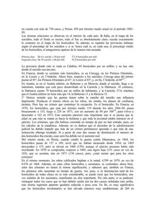 no cuenta con más de 730 casos, y Prusia, 459 por término medio anual en el período 1882-
88.
Las mismas relaciones se observan en el interior de cada país. En Italia, en el mapa de los
suicidios, todo el Norte es oscuro, todo el Sur es absolutamente claro; sucede exactamente
lo contrario en el mapa de los homicidios. Si, además, se reparten las provincias italianas
según el porcentaje de los suicidios y si se busca cuál es, en cada una, el porcentaje medio
de los homicidios, el antagonismo aparece de la manera más acusada:
Primera clase De 4,1 suicids. a 30 por mill. 271,9 homicidios por mill.
Segunda clase De 30 suicids. a 88 por mill. 95,2 homicidios por mill.
La provincia donde más se mata es Calabria, 69 homicidios por un millón; y no hay otra
donde el suicidio sea tan raro.
En Francia, donde se cometen más homicidios, es en Córcega, en los Pirineos Orientales,
en la Lozere y en l’Ardeche. Ahora bien, respecto a los suicidios, Córcega pasa del primer
puesto al 85°, los Pirineos Orientales al 63°, le Lorere al 83º, y, en fin, l’Ardeche, al 68º57
.
En Austria, es en el Austria inferior, en Bohemia y en Moravia, donde el suicidio, llega a su
máximum, mientras que está poco desarrollado en la Carniola y la Dalmacia. Al contrario,
la Dalmacia cuenta 79 homicidios por un millón de habitantes, y la Carniola, 57,4, mientras
que el Austria inferior no tiene más que 14, la Bohemia 11 y la Moravia 15.
3° Hemos sentado que las guerras tienen sobre la marcha del suicidio una influencia
deprimente. Producen el mismo efecto en los robos, las estafas, los abusos de confianza,
etcétera. Pero hay un crimen que constituye la excepción. Es el homicidio. En Francia, en
1870, los homicidios, que eran por término medio 119 durante los años 1866-69, pasan
bruscamente a 133, luego a 224 en 1871, con un aumento de 88 por 10058
, para volver a
descender a 162 en 1872. Este aumento parecerá más importante aun si se piensa que la
edad en que más se matan es hacia la treintena y que toda la juventud estaba entonces en el
ejército. Los crímenes, que ella hubiese cometida en tiempo de paz no han entrado, pues, en
los cálculos de la estadística. Además, no es dudoso que el desorden de la administración
judicial ha debido impedir que más de un crimen permanezca ignorado o que más de una
instrucción obtenga resultado. Si a pesar de esas dos causas de disminución el número de
dos homicidios iba crecido, cuan serio ha debido ser el aumento real.
Del mismo modo, en Prusia, cuando estalló la guerra contra Dinamarca, en 1864, los
homicidios pasan de 137 a 169, nivel que no habían alcanzado desde 1854; en 1865
descienden a 153, pero se elevan en 1866 (159), aunque el ejército prusiano había sido
movilizado. En 1870 se comprueba, respecto a 1869, una ligera baja (151 casos en vez de
185), que se acentúa, aún en 1871 (136 casos), pero, ¡cuán menar que para los otros
crímenes!
En el mismo momento, los robos calificados bajaban a la mitad, 4.599 en 1870, en vez de
8.676 en 1864. Además, en estas cifras homicidios y asesinatos, se confunden; ahora bien,
estos dos crímenes no tienen la misma significación, y sabemos que, también en Francia,
los primeros sólo aumentan en tiempo de guerra. Así, pues, si la disminución total de los
homicidios de todas clases no es más considerable, se puede creer que los homicidios, una
vez aislados de los asesinatos, manifiestan un alza importante. Por otra parte, si se pudiesen
reintegrar todos los casos que se han debido omitir por las dos causas señaladas más arriba,
esta misma regresión aparente quedaría reducida a poca cosa. En fin, es muy significativa
que los homicidios involuntarios se han elevada entonces muy notablemente, de 269 en
 