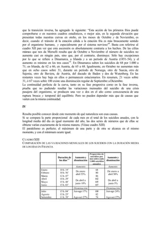 que la transición inversa, ha agregado le siguiente: “Esta acción de los primeros fríos puede
comprobarse o en nuestros cuadros estadísticos, o mejor aún, en la segunda elevación que
presentan todas nuestras curvas en otoño, en los meses de Octubre y de Noviembre, es
decir, cuando el tránsito de la estación cálida a la estación fría es más bruscamente sentido
por el organismo humano, y especialmente por el sistema nervioso”9
. Basta con referirse al
cuadro XII pan ver que esta ascensión es absolutamente contraria a los hechos. De las cifras
mismas que nos da Morselli resulta que de Octubre a Noviembre el número de suicidios no
aumenta casi en ningún país, sino que, por el contrario, disminuye. Sólo hay excepciones
por lo que se refiere a Dinamarca, a Irlanda y a un período de Austria (1851-54), y el
aumento es mínimo en los tres casos10
. En Dinamarca suben los suicidios de 68 por 1.000 a
71; en Irlanda, de 62 a 66; en Austria, de 65 a 68. Igualmente, en Octubre no aumentan más
que en ocho casos sobre 31, durante un período de Noruega, otro de Suecia, otro de
Sajonia, otro de Baviera, de Austria, del ducado de Baden y dos de Wutenberg. En las
restantes veces hay baja en ellos o permanecen estacionarios. En resumen, 21 veces sobre
31, ó 67 veces sobre 100 existe una disminución regular de Septiembre a Diciembre.
La continuidad perfecta de la curva, tanto en su fase progresiva como en la fase inversa,
prueba que no pudiendo resultar las variaciones mensuales del suicidio de una crisis
pasajera del organismo, se producen una vez o dos en el año como consecuencia de una
ruptura brusca y temporal del equilibrio. Pero no pueden depender más que de causas que
varíen con la misma continuidad.
IV
Resulta posible conocer desde este momento de qué naturaleza son esas causas.
Si se compara la parte proporcional de cada mes en el total de los suicidios anuales, con la
longitud media del día en igual momento del año, las dos series de números que de ellas se
obtiene varían exactamente de la misma manera. (Véase cuadro XIII)
El paralelismo es perfecto; el máximum de una parte y de otra se alcanza en el mismo
momento, y con el mínimum ocurre igual.
CUADROXIII
COMPARACIÓN DE LAS VA RIACIONES MENSUALES DE LOS SUICIDIOS CON LA DURACIÓN MEDIA
DE LOS DÍAS EN FRANCIA
Duración de
los días11
Aumentoy
disminución
Proporción de
suicidios por
mes sobre cada
1.000 suicidios
anuales
Aumento y
disminución
Aumento Aumento
Enero
Febrero
Marzo
Abril
Mayo
Junio
10 h. 19’
10 h. 56’
12 h. 47’
14 h. 29’
15 h. 48’
15 h. 03’
De enero
abril 55%
De abril a
junio 10%
68
80
86
102
105
107
De enero a
abril 50%
De abril a
junio 5%
Disminución Disminución
Julio
Agosto
Setiembre
15 h. 04’
13 h. 25’
11 h. 39’
Jun-ago 17%
Ago-oct 27%
100
82
74
Jun-ago 24%
Ago-oct 27%
 