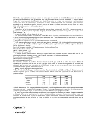 8
Es verdad que, según estos autores, el suicidio no es mas que una variación del homicidio. La ausencia del suicidio en
los países meridionales no es más que aparente, pues está compensada por un exceso de homicidios. Ya veremos después
lo que debe pensarse de esta identificación; pero desde ahora, ¿cómo no ver que este argumento se vuelve contra sus
autores? Si el exceso de homicidios que se observa en los países cálidos compensa la falta de suicidios, ¿cómo esta misma
compensación no se establecerá también durante la estación de verano? ¿De dónde proviene el que esta última sea a la vez
fértil en homicidios propios y en homicidios ajenos?
9
Op. cit., p. 148
10
Prescindimos de las cifras concernientes a Suiza; han sido calculadas sobre un solo año (1876), y, por consecuencia, no
puede sacarse de ellas conclusión alguna. Por otra parte, el alza de octubre a noviembre es muy débil. Los suicidios pasan
de 83 por 1.000 a 90.
11
La duración indicada es la del último día del mes.
12
Esta uniformidad nos dispensa de complicar el cuadro XIII. No es necesario comparar las variaciones mensuales del día
y las del suicidio en otros países distintos de Francia, puesto que unos y otras son las mismas en todas partes, ya que no se
comparan países de latitudes muy distintas.
13
Designamos así la parte del día que sigue inmediatamente a la salida del sol.
14
Existe una nueva prueba del ritmo de reposo y de actividad por que pasa la vida social en los diferentes momentos del
día, en la manera de variar los accidentes según la hora. Véase cómo se presentan estos accidentes según los datos de la
oficina de estadística prusiana.
De seis de la mañana mediodía, 1.011 accidentes como término medio por hora.
De mediodía a dos de la tarde, 686.
De dos a seis de la tarde, 1.191.
De seis a siete de la tarde, 979.
15
Es de notar que este contraste entre la primera y la segunda mitad de la semana se encuentra también en el mes. He aquí
cómo, según Brierre de Boismont (op. cit., p. 424), han de repartirse 4.595 suicidios parisienses:
Durante los diez primeros días del mes, 1.727.
Durante los días siguientes, 1.488.
Durante los diez últimos, 1.380.
La inferioridad numérica de la última década es mayor aún de lo que resulta de las cifras, pues a causa del día 31
comprende a veces once días en lugar de diez. Se diría que el ritmo de la vida social reproduce las divisiones del
calendario que hay como una renovación de actividad cada vez que se entra en un período nuevo y una especie de
debilitación a medida que este período tiende a su fin.
16
Según el Bulletin du Ministére des Travaux Publics
17
Ibid. A todos estos hechos, que tienden a demostrar el crecimiento de la actividad social durante el verano, se puede
añadir lo siguiente: que los accidentes son numerosos durante el buen tiempo más que durante el malo. Véase cómo se
reparten en Italia.
1886 1887 1888
Primavera
Verano
Otoño
Invierno
1.370
1.823
1.474
1.190
2.582
3.290
2.560
2.748
2.457
3.085
2.780
3.032
Si desde este punto de vista el invierno sucede algunas veces al verano sin transición, es únicamente porque las caídas son
más numerosas en él a causa del hielo, y porque el frío por sí mismo produce accidentes especiales. Si se hace abstención
de aquellos que tienen este origen, las estaciones se colocan en el mismo orden que para el suicidio.
18
Se notará que las cifras proporcionales de las diferentes estaciones son las mismas en las grandes ciudades comparadas,
a diferencia de las que se relacionan con los países a que estas ciudades pertenecen. Encontramos por todas pactes esta
constancia de la cifra de los suicidios en medio social idéntico. La corriente suicidógena varía de igual manera en los
diferentes momentos del año, en Berlín, en Viena, en Ginebra, en París, etc. Eso presenta desde cerca todo lo que tiene de
real.
Capítulo IV
La imitación1
 