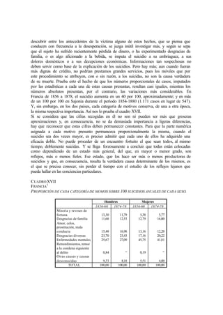 descubrir entre los antecedentes de la víctima alguno de estos hechos, que se piensa que
conducen con frecuencia a la desesperación, se juzga inútil investigar más, y según se sepa
que el sujeto ha sufrido recientemente pérdida de dinero, o ha experimentado desgracias de
familia, o es algo aficionado a la bebida, se imputa el suicidio a su embriaguez, a sus
dolores domésticos o a sus decepciones económicas. Informaciones tan sospechosas no
deben servir como base de la explicación de los suicidios. Pero hay más; aun cuando fueran
más dignas de crédito, no podrían prestamos grandes servicios, pues los móviles que por
este procedimiento se atribuyen, con o sin razón, a los suicidas, no son la causa verdadera
de su muerte. Prueba esto el hecho de que los números proporcionales de casos, imputados
por las estadísticas a cada una de estas causas presuntas, resultan casi iguales, mientras los
números absolutos presentan, por el contrario, las variaciones más considerables. En
Francia de 1856 a 1878, el suicidio aumenta en un 40 por 100, aproximadamente; y en más
de un 100 por 100 en Sajonia durante el período 1854-1880 (1.171 casos en lugar de 547).
Y, sin embargo, en los dos países, cada categoría de motivos conserva, de una a otra época,
la misma respectiva importancia. Así nos lo prueba el cuadro XVII.
Si se considera que las cifras recogidas en él no son ni pueden ser más que groseras
aproximaciones y, en consecuencia, no se da demasiada importancia a ligeras diferencias,
hay que reconocer que estas cifras deben permanecer constantes. Para que la parte numérica
asignada a cada motivo presunto permanezca proporcionalmente la misma, cuando el
suicidio sea dos veces mayor, es preciso admitir que cada uno de ellos ha adquirido una
eficacia doble. No puede proceder de un encuentro fortuito el que sean todos, al mismo
tiempo, doblemente suicidas. Y se llega forzosamente a concluir que todas están colocadas
como dependiendo de un estado más general, del que, en mayor o menor grado, son
reflejos, más o menos fieles. Ese estado, que los hace ser más o menos productoras de
suicidios y que, en consecuencia, resulta la verdadera causa determinante de los mismos, es
el que se precisa conocer, sin perder el tiempo con el estudio de los reflejos lejanos que
pueda hallar en las conciencias particulares.
CUADROXVII
FRANCIA
1
PROPORCIÓN DE CADA CATEGORÍA DE MOMOS SOBRE 100 SUICIDIOS ANUALES DE CADA SEXO.
Hombres Mujeres
1856-60 1874-78 1856-60 1874-78
Miseria y reveses de
fortuna
Desgracias de familia
Amor, celos,
prostitución, mala
conducta
Desgracias diversas
Enfermedades mentales
Remordimientos, temor
a la condena siguiente
al delito
Otras causas y causas
desconocidas
13,30
11,68
15,48
23,70
25,67
0,84
9,33
11,79
12,53
16,98
23,43
27,09
“
8,18
5,38
12,79
13,16
17,16
45,75
0,19
5,51
5,77
16,00
12,20
20,22
41,81
“
4,00
TOTAL 100,00 100,00 100,00 100,00
 