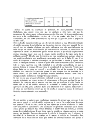 Parte general de cada culto
por 100 habitantes
Parte de cada culto por 100
alumn os de la enseñanza
secundaria
33,8
17,3
.
64,9
73,1
1,3
9,6
Teniendo en cuenta las diferencias de población, los judíos,.frecuentan Gimnasios,
Realschulen, etc., catorce veces más que los católicos y siete veces más que los
protestantes. Lo mismo ocurre en la enseñanza superior. Por cada 100 jóvenes católicos que
concurren a los establecimientos escolares de todos los grados, sólo hay 1,3 en la
Universidad; por cada 1.000 protestantes no hay más que 2,5; para los judíos la proporción
se eleva a 1625
.
Pero si el judío encuentra medios de ser a la vez más instruido y muy débilmente inclinado
al suicidio, es porque la curiosidad de que da pruebas, tiene un origen muy especial. Es ley
general, que las minorías religiosas, para poder defenderse con más seguridad contra los
odios de que son objeto, o sencillamente por una especie de emulación, se esfuercen en ser
superiores en saber a las poblaciones que las rodean. Por esto es por lo que los protestantes
mismos muestran mayor gusto por la ciencia cuando constituyen la menor parte de la
población general26
. El judío trata de instruirse, no para reemplazar por nociones reflexivas
sus prejuicios colectivos, sino sencillamente para quedar mejor en la lucha. Es para él un
medio de compensar la situación desventajosa, en que lo coloca la opinión y algunas veces
la ley. Y como por sí misma la ciencia no puede nada contra la tradición que ha conservado
todo su vigor, superpone esta vida intelectual a su actividad acostumbrada, sin que la
primera destruya la segunda. De aquí viene la complejidad de su fisonomía. Primitivo por
ciertos lados, es por otros un cerebral y un refinado. Une así las ventajas de la fuerte
disciplina que caracteriza los pequeños grupos de otros tiempos, con los beneficios de la
cultura intensa, de que tienen el privilegio nuestras sociedades actuales. Tiene toda la
inteligencia de los modernos sin participar de su desesperanza.
Si pues en este caso el desenvolvimiento intelectual no está en relación con el número de
muertes voluntarias, es porque no tiene el mismo origen, ni la misma significación que de
ordinario. La excepción sólo es aparente y no hace más que confirmar la regla. Prueba, en
efecto, que si en los medios instruidos la inclinación al suicidio está agravada, esta
agravación se debe, como ya hemos dicho, a la debilitación de las creencias tradicionales y
al estado de individualismo moral que de ella resulta, y desaparece cuando la instrucción
tiene otra causa y responde a otras necesidades.
IV
De este capítulo se deducen dos conclusiones importante. En primer lugar vemos en él, de
una manera general, por qué el suicidio progresa con la ciencia. No es ella la que determina
este progreso. Ella es inocente y nada hay más injusto que acusarla; el ejemplo del judío
sobre este punto es demostrativo. Estos dos hechos son productos simultáneos de un mismo
estado general que traducen bajo formas diferentes; el hombre trata de instruirse, y se mata
porque la sociedad religiosa, de que forma parte, ha perdido su cohesión, pero no se mata
porque sea instruido. Tampoco desorganiza la religión la instrucción que él adquiere; la
necesidad de la instrucción se produce en él porque la religión se desorganiza. Esta
instrucción no la busca como un medio para destruir las opiniones recibidas, sino porque la
 