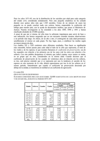 Para los años 1871-85, nos da la distribución de los suicidios por edad para cada categoría
del estado civil, considerada aisladamente. Pero esta pequeña estadística no ha contado
durante esos quince años más que 1.369 suicidios. Como de un número de casos tan
pequeño no se puede concluir nada con certeza, hemos emprendido la confección del
trabajo para nuestro país, con la ayuda de documentos inéditos, que posee el Ministerio de
Justicia. Nuestra investigación se ha extendido a los años 1889, 1890 y 1891 y hemos
clasificado alrededor de 25.000 suicidios.
A pesar de que por sí misma, tal cifra tiene la suficiente importancia para servir de base a
una indicación, nos hemos asegurado que no era necesario extender nuestras observaciones
a un período más largo. En efecto, de un año a otro, el contingente de cada edad permanece
sensiblemente el mismo en cada grupo. No hay lugar, pues, a establecer las medias según
un mayor número de años.
Los cuadros XX y XXI contienen estos diferentes resultados. Para hacer su significación
más ostensible, hemos puesto para cada edad al lado de la cifra que representa, el total de
los viudos y de los esposos, lo que nosotros llamamos el coeficiente de preservación, sea de
los segundos con relación a los primeros sea de los unos yde los otros con relación a los
solteros. Con esta palabra designamos el número que indica cuantas veces menos se matan
en un grupo que en otro, considerados en la misma edad. Cuando decimos que el
coeficiente de preservación de los casados de veinticinco años en relación con los solteros,
es tres, será preciso entender que si se representa por uno la tendencia al suicidio de los
esposos en este momento de la vida, deberá representarse por tres la de los solteros en el
mismo período. Naturalmente que cuando el coeficiente de preservación desciende por
debajo de la unidad, se transforma en realidad en un coeficiente de agravación.
CUADROXX
GRAN DUCADO DE OLDENBURGO
SUICIDIOS COMETIDOS POR CADA SEXO SOBRE 10.000 HABITANTES DE CADA GRUPO DE EDAD
Y DE ESTADO MIL, DURANTE EL PERÍODO1871-858
.
Coef. preservación
Casados ViudosEdades Solteros Casados Viudos
En relac.
a solters
En relac.
a viudos
En relac.
a solters.
HOMBRES
0 a 20
20 a 30
30 a 40
40 a 50
50 a 60
60 a 70
Más
7,2
40,6
130,4
188,8
263,6
242,8
266,6
769,2
49,0
93,6
95,0
137,8
148,3
114,2
“
285,7
76,9
285,7
271,4
304,7
259,0
1,09
1,40
1,77
1,97
1,90
1,63
2,30
“
5,08
1,04
3,01
1,90
2,05
2,26
“
0,24
1,69
0,66
0,97
0,79
1,02
MUJERES
0 a 20
20 a 30
30 a 40
40 a 50
50 a 60
60 a 70
Más
3,9
39,0
32,3
52,9
66,6
62,5
“
95,2
19,4
16,8
18,6
31,1
37,2
120,0
“
“
30,0
68,1
50,0
55,8
91,4
0,04
2,24
1,92
2,85
2,14
1,68
“
“
“
1,68
3,66
1,60
1,50
1,51
“
“
1,07
0,77
1,33
1,12
“
 