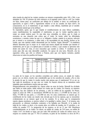 años (media de edad de las viudas), produce un número comprendido entre 189 y 204, o sea
alrededor de 196. El primero de estos números es al segundo como 100 es a 60. Las viudas
sin hijos, tienen pues, un coeficiente por debajo de la unidad, es decir, un coeficiente de
agravación; es igual a 0,60 y ligeramente inferior al de las casadas sin hijos (0,67). En
consecuencia, no es el matrimonio el que impide a estas últimas, manifestar por el suicidio
el alejamiento natural que se les atribuye.
Se responderá, quizá, que lo que impide el restablecimiento de estas felices cualidades,
cuyas manifestaciones ha suspendido el matrimonio, es que la viudez significa para la
mujer un estado todavía peor. Es una idea muy extendida, en efecto, que la viuda se
encuentra en una situación más critica que el viudo. Se insiste sobre las dificultades
económicas y morales contra las que se ve obligada a luchar, cuando le es preciso, subvenir
por sí misma a su existencia, y sobre todo, a las necesidades de una familia. Incluso se ha
creído, que esta opinión estaba demostrada por los hechos. Según Morselli26
, la estadística
debería demostrar que la mujer en la viudez está menos alejada del hombre que durante el
matrimonio, por lo que a la aptitud para el suicidio se refiere, y qué casada se aproxima más
desde este punto de vista, al sexo masculino que cuando es soltera. Y resultaría que no
existe para ella una más detestable condición. En apoyo de esta tesis, Morselli, cita las
siguientes cifras, que sólo se refieren a Francia, pero que con ligeras variantes, pueden
observarse en todos los pueblos de Europa:
Suicidios de casados Suicidios de viudos
Años
% Hombres % Mujeres % Hombres % Mujeres
1871
1872
1873
1874
1875
1876
79
78
79
74
81
82
21
22
21
26
19
18
71
68
69
57
77
78
29
32
31
43
23
22
La parte de la mujer, en los suicidios cometidos por ambos sexos, en estado de viudez,
parece ser, en efecto, mucho más considerable que en los suicidios de casados. ¿No es ésta
la prueba de que la viudez le resulta mucho más penosa que el matrimonio? Si es así, no
hay nada de asombroso, en que una vez viuda, los buenos efectos de su naturaleza estén
impedido, para manifestarse mucho más que antes.
Desgraciadamente esta pretendida ley, reposa sobre un error de hecho. Morselli ha olvidado
que había en todas partes, doble número de viudas que de viudos. En Francia, en números
redondos, hay dos millones de las primeras, y sólo un millón de los segundos. En Prusia,
según el censo de 1890, se encontraron 450.000 de los unos y 1.319.000 de las otras; en
Italia, 571.000 de una parte, y 1.322.000 de otra. En estas condiciones es natural que la
contribución de las viudas sea mucho más elevada que la de las esposas, que se encuentran
evidentemente en un número igual al de los maridos. Si se desea que la comparación
reporte alguna enseñanza, es preciso reducir a la igualdad a ambas clases. Y al tomarse esta
precaución, se obtienen resultados contrarios a los hallados por Morselli. A la media de
edad de los viudos, es decir, a los sesenta años, un millón de casadas, da 15 suicidios, y un
millón de casados 577. La proporción de las mujeres, es de un 21 por 100. Disminuye
considerablemente en la viudez. En efecto, un millón de viudas, da 210 casos, un millón de
viudos 1.017; de donde se sigue, que por cada 100 suicidios de viudos de ambos sexos, las
mujeres no cuentan más que 17. Por el contrario, la parte de los hombres se eleva de 69 a
 