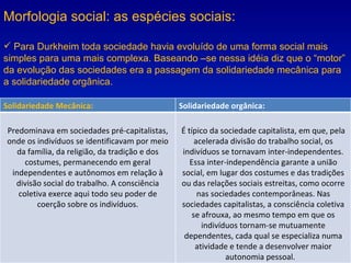 Morfologia social: as espécies sociais: Para Durkheim toda sociedade havia evoluído de uma forma social mais simples para uma mais complexa. Baseando –se nessa idéia diz que o “motor” da evolução das sociedades era a passagem da solidariedade mecânica para a solidariedade orgânica. Solidariedade Mecânica: Solidariedade orgânica:  Predominava em sociedades pré-capitalistas, onde os indivíduos se identificavam por meio da família, da religião, da tradição e dos costumes, permanecendo em geral independentes e autônomos em relação à divisão social do trabalho. A consciência coletiva exerce aqui todo seu poder de coerção sobre os indivíduos. É típico da sociedade capitalista, em que, pela acelerada divisão do trabalho social, os indivíduos se tornavam inter-independentes. Essa inter-independência garante a união social, em lugar dos costumes e das tradições ou das relações sociais estreitas, como ocorre nas sociedades contemporâneas. Nas sociedades capitalistas, a consciência coletiva se afrouxa, ao mesmo tempo em que os indivíduos tornam-se mutuamente dependentes, cada qual se especializa numa atividade e tende a desenvolver maior autonomia pessoal.  
