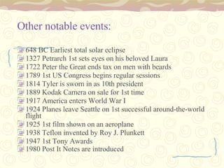Other notable events: 648 BC Earliest total solar eclipse 1327 Petrarch 1st sets eyes on his beloved Laura  1722 Peter the Great ends tax on men with beards  1789 1st US Congress begins regular sessions 1814 Tyler is sworn in as 10th president 1889 Kodak Camera on sale for 1st time 1917 America enters World War I 1924 Planes leave Seattle on 1st successful around-the-world flight 1925 1st film shown on an aeroplane 1938 Teflon invented by Roy J. Plunkett  1947 1st Tony Awards  1980 Post It Notes are introduced   