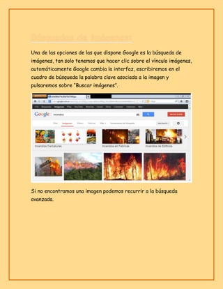 Una de las opciones de las que dispone Google es la búsqueda de
imágenes, tan solo tenemos que hacer clic sobre el vínculo imágenes,
automáticamente Google cambia la interfaz, escribiremos en el
cuadro de búsqueda la palabra clave asociada a la imagen y
pulsaremos sobre “Buscar imágenes”.

Si no encontramos una imagen podemos recurrir a la búsqueda
avanzada.

 
