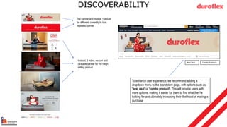 DISCOVERABILITY
Top banner and module 1 should
be different, currently its look
repeated banner
Instead, 3 video, we can add
clickable banner for the heigh
selling product
Best Deal Combo Products
To enhance user experience, we recommend adding a
dropdown menu to the brandstore page, with options such as
'best deal' or 'combo product'. This will provide users with
more options, making it easier for them to find what they're
looking for and ultimately increasing their likelihood of making a
purchase
 