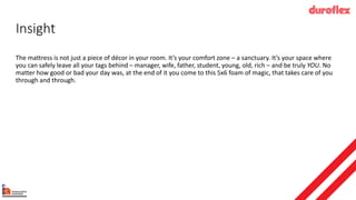 Insight
The mattress is not just a piece of décor in your room. It’s your comfort zone – a sanctuary. It’s your space where
you can safely leave all your tags behind – manager, wife, father, student, young, old, rich – and be truly YOU. No
matter how good or bad your day was, at the end of it you come to this 5x6 foam of magic, that takes care of you
through and through.
 