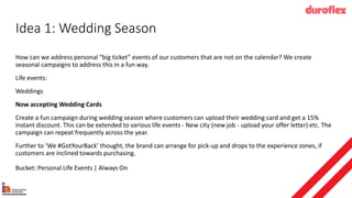 Idea 1: Wedding Season
How can we address personal “big ticket” events of our customers that are not on the calendar? We create
seasonal campaigns to address this in a fun way.
Life events:
Weddings
Now accepting Wedding Cards
Create a fun campaign during wedding season where customers can upload their wedding card and get a 15%
instant discount. This can be extended to various life events - New city (new job - upload your offer letter) etc. The
campaign can repeat frequently across the year.
Further to ‘We #GotYourBack’ thought, the brand can arrange for pick-up and drops to the experience zones, if
customers are inclined towards purchasing.
Bucket: Personal Life Events | Always On
 
