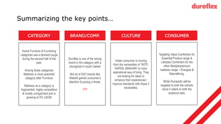 Summarizing the key points…
CATEGORY BRAND/COMP. CULTURE CONSUMER
Home Furniture & Furnishing
categories see a demand surge
during the second half of the
year.
Among these categories
Mattress is most searched
category after Furniture
Mattress as a category is
fragmented, highly competitive
& mostly unorganized and is
growing at 5% CAGR
Duroflex is one of the strong
brand in the category with a
stronghold in south market
But lot of D2C brands like
Wakefit gained consumer’s
attention & posing a threat.
???
Indian consumer is moving
from the necessities of “ROTI,
KAPDA, MAKAAN” to more
aspirational way of living. They
are looking for ideas to
enhance their experiences /
improve standards with these 3
necessities.
Targeting Value Comforters for
Essential Product range &
Lifestyle Comforters for the
other lifestyle/premium
mattress range – Energise &
Naturalliving.
While Duropedic will be
targeted to both the cohorts
since it caters to both the
audience sets.
 