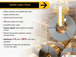 Stable Labor Force
• Stable, productive and qualified labor force
• Quality oriented culture
• Global business environment
• 11 years without any strikes
• Competitive labor wages
• Human capital: highly skilled and educated
workers
• Efficient links between academia, industry
and government
• Workforce: 1.9 million: 45% of the total
population
• Combination of high tech manufacturing
in a low cost region
 