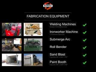 FABRICATION EQUIPMENT
Welding Machines
Multiple Welding Machines
Ironworker Machine
2 Ironworker Machines
Submerge Arc
Roll Bender
Sand Blast
Capacity 236” x 236” x 787”
Paint Booth
Capacity 236” x 236” x 787”
 