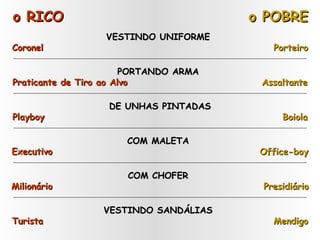 o RICO o POBRE VESTINDO UNIFORME  Coronel  Porteiro PORTANDO ARMA  Praticante de Tiro ao Alvo   Assaltante DE UNHAS PINTADAS Playboy   Boiola COM MALETA  Executivo   Office-boy COM CHOFER  Milionário   Presidiário VESTINDO SANDÁLIAS  Turista   Mendigo 