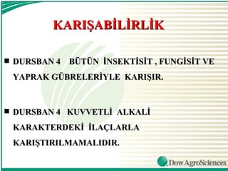KARIŞABİLİRLİK

s   DURSBAN 4 BÜTÜN İNSEKTİSİT , FUNGİSİT VE
    YAPRAK GÜBRELERİYLE KARIŞIR.


s   DURSBAN 4 KUVVETLİ ALKALİ
    KARAKTERDEKİ İLAÇLARLA
    KARIŞTIRILMAMALIDIR.
 