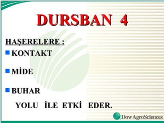 DURSBAN 4
HAŞERELERE :
s KONTAKT


s MİDE


s BUHAR

  YOLU İLE ETKİ EDER.
 