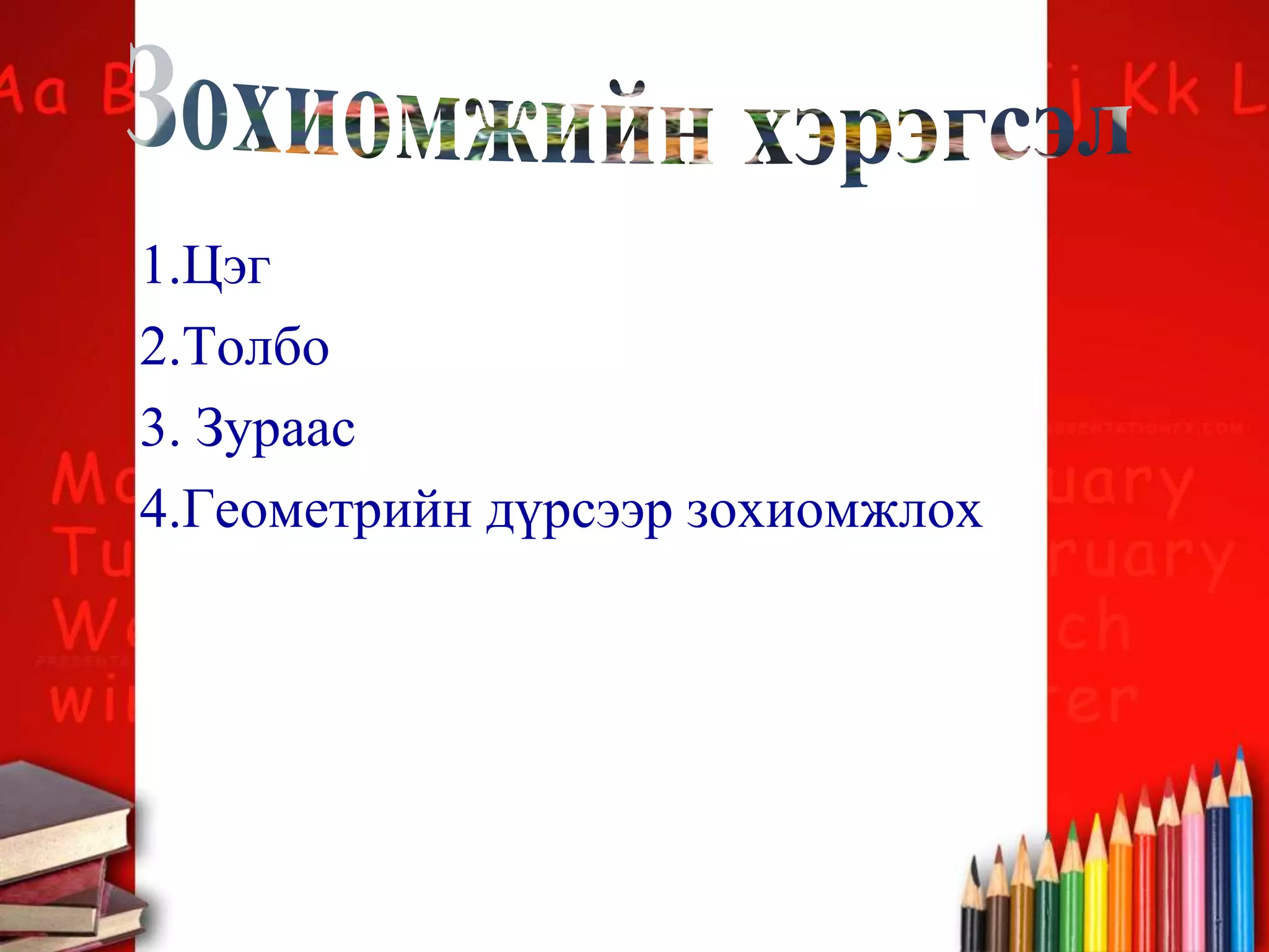 1.Цэг
2.Толбо
3. Зураас
4.Геометрийн дүрсээр зохиомжлох
 