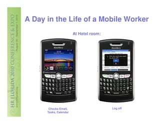 A Day in the Life of a Mobile Worker
                        At Hotel room:




       Checks Email,                     Log off
      Tasks, Calendar
 
