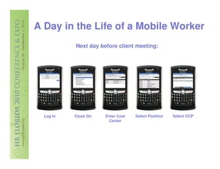 A Day in the Life of a Mobile Worker
           Next day before client meeting:




  Log In   Clock On   Enter Cost   Select Position   Select CCP
                       Center
 