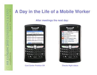 A Day in the Life of a Mobile Worker
                 After meetings the next day:




    Cost Center Position Off           Checks flight status
 