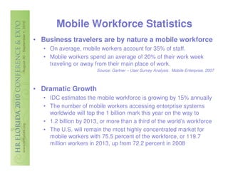 Mobile Workforce Statistics
• Business travelers are by nature a mobile workforce
   • On average, mobile workers account for 35% of staff.
   • Mobile workers spend an average of 20% of their work week
     traveling or away from their main place of work.
                        Source: Gartner – User Survey Analysis: Mobile Enterprise, 2007



• Dramatic Growth
   • IDC estimates the mobile workforce is growing by 15% annually
   • The number of mobile workers accessing enterprise systems
     worldwide will top the 1 billion mark this year on the way to
   • 1.2 billion by 2013, or more than a third of the world’s workforce
   • The U.S. will remain the most highly concentrated market for
     mobile workers with 75.5 percent of the workforce, or 119.7
     million workers in 2013, up from 72.2 percent in 2008
 