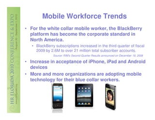 Mobile Workforce Trends
• For the white collar mobile worker, the BlackBerry
  platform has become the corporate standard in
  North America.
   • BlackBerry subscriptions increased in the third quarter of fiscal
     2009 by 2.6M to over 21 million total subscriber accounts.
               Source: RIM’s Second Quarter Results announced on December 18, 2008

• Increase in acceptance of iPhone, iPad and Android
  devices
• More and more organizations are adopting mobile
  technology for their blue collar workers.
 