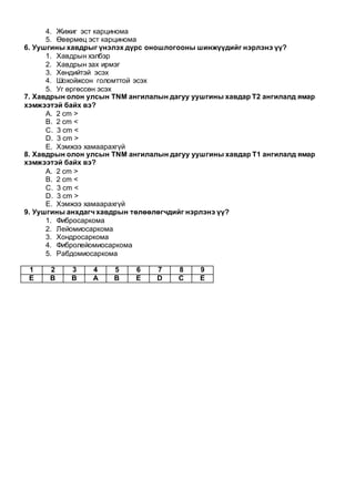 4. Жижиг эст карцинома
5. Өвөрмөц эст карцинома
6. Уушгины хавдрыг үнэлэх дүрс оношлогооны шинжүүдийг нэрлэнэ үү?
1. Хавдрын хэлбэр
2. Хавдрын зах ирмэг
3. Хөндийтэй эсэх
4. Шохойжсон голомттой эсэх
5. Уг өргөссөн эсэх
7. Хавдрын олон улсын TNM ангилалын дагуу уушгины хавдар T2 ангилалд ямар
хэмжээтэй байх вэ?
A. 2 cm >
B. 2 cm <
C. 3 cm <
D. 3 cm >
E. Хэмжээ хамаарахгүй
8. Хавдрын олон улсын TNM ангилалын дагуу уушгины хавдар T1 ангилалд ямар
хэмжээтэй байх вэ?
A. 2 cm >
B. 2 cm <
C. 3 cm <
D. 3 cm >
E. Хэмжээ хамаарахгүй
9. Уушгины анхдагч хавдрын төлөөлөгчдийг нэрлэнэ үү?
1. Фибросаркома
2. Лейомиосаркома
3. Хондросаркома
4. Фибролейомиосаркома
5. Рабдомиосаркома
1 2 3 4 5 6 7 8 9
E B B A B E D C E
 