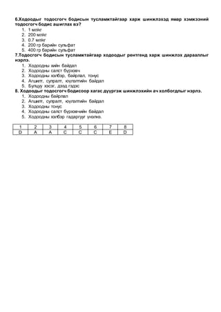 6.Ходоодыг тодосгогч бодисын тусламжтайгаар харж шинжлэхэд ямар хэмжээний
тодосгогч бодис ашиглах вэ?
1. 1 мл/кг
2. 200 мл/кг
3. 0.7 мл/кг
4. 200 гр барийн сульфат
5. 400 гр барийн сульфат
7.Тодосгогч бодисын тусламжтайгаар ходоодыг рентгенд харж шинжлэх дарааллыг
нэрлэ.
1. Ходоодны хийн байдал
2. Ходоодны салст бүрхэвч
3. Ходоодны хэлбэр, байрлал, тонус
4. Агшилт, сулралт, юүлэлтийн байдал
5. Булцуу хэсэг, дээд гэдэс
8. Ходоодыг тодосгогч бодисоор хагас дүүргэж шинжлэхийн ач холбогдлыг нэрлэ.
1. Ходоодны байрлал
2. Агшилт, сулралт, юүлэлтийн байдал
3. Ходоодны тонус
4. Ходоодны салст бүрхэвчийн байдал
5. Ходоодны хэлбэр гадаргууг үнэлнэ.
1 2 3 4 5 6 7 8
D A A C C C E D
 