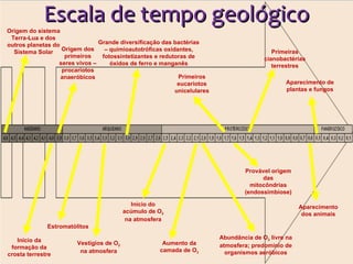 Escala de tempo geológico Origem do sistema Terra-Lua e dos outros planetas do Sistema Solar Início da formação da crosta terrestre Origem dos primeiros seres vivos – procariotos anaeróbicos Estromatólitos Grande diversificação das bactérias – quimioautotróficas oxidantes, fotossintetizantes e redutoras de óxidos de ferro e manganês Aumento da camada de O 3 Abundância de O 2  livre na atmosfera; predomínio de organismos aeróbicos Primeiros eucariotos unicelulares Primeiras cianobactérias terrestres Vestígios de O 2  na atmosfera Provável origem das mitocôndrias (endossimbiose) Aparecimento dos animais Aparecimento de plantas e fungos Início do acúmulo de O 2  na atmosfera 