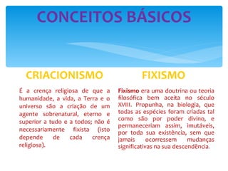 CRIACIONISMO É a crença religiosa de que a humanidade, a vida, a Terra e o universo são a criação de um agente sobrenatural, eterno e superior a tudo e a todos; não é necessariamente fixista (isto depende de cada crença religiosa). FIXISMO Fixismo  era uma doutrina ou teoria filosófica bem aceita no século XVIII. Propunha, na biologia, que todas as espécies foram criadas tal como são por poder divino, e permaneceriam assim, imutáveis, por toda sua existência, sem que jamais ocorressem mudanças significativas na sua descendência . CONCEITOS BÁSICOS 