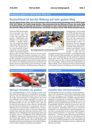 17.01.2014		 Berlin
Brief aus

www.csu-landesgruppe.de	

Seite 3

Bundestag debattiert OECD-Studie PISA 2012

Deutschland ist bei der Bildung auf sehr gutem Weg
Die CSU-Abgeordneten haben sich am Donnerstag im Plenum des Deutschen Bundestags mit der OECD-Studie
PISA 2012 befasst. Die Studie belegt deutlich, dass Deutschland bei der Bildung auf einem sehr guten Weg
ist: Erstmals lagen die Leistungen der Schüler in Deutschland in allen Testbereichen deutlich über dem OECDDurchschnitt. Dabei schnitten die Schülerinnen und Schüler aus Bayern bei der PISA-Studie besonders gut ab.

Die fünfte PISA-Studie ergibt:
rückgegangen. Damit belegt
Die Leistungen der deutdie PISA-Vergleichsstudie
schen Schüler haben sich
eindrucksvoll, dass die zahlin allen drei geprüften Bereichen Reformen seit 2000,
reichen – Mathematik, Lese­
dem Jahr des sogenannten
fähigkeit und Naturwissen„PISA-Schocks“, positive
schaften – deutlich verbesAuswirkungen hatten. Ersert. Die Ergebnisse liegen
gänzende Studien belegen
mittlerweile über dem Durchdarüber hinaus, dass Bayern
schnitt der Organisation
innerhalb Deutschlands beFoto: picture alliance / dpa
für wirtschaftliche Zusamsonders gut dasteht. Diese
Die Leistungen der Schüler in Deutschland lagen bei der PISA-Studie
menarbeit und Entwicklung
erfreulichen Rahmendaten
2012 erstmals deutlich über dem Durchschnitt der OECD
(OECD). Deutschland gehört
weisen – neben der Leidamit zu den wenigen Staaten, die sich seit den ersten stungsbereitschaft unserer Schüler – auch den Erfolg der
PISA-Erhebungen kontinuierlich verbessert hat. Gleich- christlich-sozialen Bildungspolitik nach. Die Bildung steht
zeitig ist der Anteil leistungsschwacher Schüler stetig ge- für die CSU-Landesgruppe auf der politischen Agenda
sunken und liegt nun unter dem Durchschnitt der OECD. weiter ganz oben. Aus diesem Grund ist es besonders
Besonders hervorzuheben ist, dass sich auch die Leistung erfreulich, dass die CSU in dieser Legislaturperiode mit
der Schüler mit Migrationshintergrund verbessert hat. dem ehemaligen Parlamentarischen Geschäftsführer
Ebenso ist der Zusammenhang von schwieriger sozialer Stefan Müller einen Parlamentarischen Staatssekretär
Herkunft und schwacher Schülerleistung eindeutig zu- im Bundesministerium für Bildung und Forschung stellt.

Haushaltsabschluss 2013

Foto: picture alliance/ Arco Images GmbH

Europapolitik

Foto: picture alliance/ dpa

Weniger Schulden als geplant

Debatte über EU-Kommission

Der Haushaltsabschluss 2013 bezeugt einmal mehr
das solide Wirtschaften der unionsgeführten Bundesregierung. Trotz der Mehrbelastungen durch die Fluthilfe
ist es der Union gelungen, im vergangenen Jahr rund
drei Milliarden Euro weniger Schulden zu machen als
geplant. Das geht aus dem vorläufigen Abschluss des
Bundeshaushalts für das Jahr 2013 hervor, den das
Bundesfinanzministerium diese Woche veröffentlicht
hat. Der Bund hat demnach im vergangenen Jahr 22,1
Milliarden Euro neue Schulden aufgenommen. Die Neuverschuldung lag damit nicht nur unter den Planwerten,
sondern auch unter dem Wert des Vorjahres (2012: 22,5
Milliarden Euro). Maßgeblich dazu beigetragen haben die
Ausgaben, die um 2,2 Milliarden Euro niedriger waren
als geplant, während die Steuereinnahmen im Rahmen
der Erwartungen blieben. Die CSU-Landesgruppe wird
sich weiter dafür stark machen, den in der vergangenen
Legislaturperiode eingeschlagenen Konsolidierungskurs
in der Großen Koalition konsequent fortzusetzen.

Der Bundestag hat sich am Freitag mit dem Arbeitsprogramm der Europäischen Kommission beschäftigt. Dieses
sieht vier vorrangig zu behandelnde Themenbereiche
vor: Neben der Wirtschafts- und Währungsunion stehen
Initiativen zur Förderung von Wachstum, Wettbewerbsfähigkeit und Beschäftigung im Vordergrund – auch mit
Blick auf einen europäischen Rahmen für die Klima- und
Energiepolitik. Weiterhin stellt die Kommission den Bereich der Sicherheits- und Justizpolitik in das Zentrum
ihres Handelns. Schließlich legt sie eine außenwirtschaftliche und außenpolitische Handlungsagenda vor.
Der CSU-Landesgruppe ist es ein besonderes Anliegen,
dieses Arbeitsprogramm im Deutschen Bundestag zu
diskutieren – unter besonderer Beachtung der Entwicklung in der Eurozone, der Arbeit an der Bankenunion
sowie der Freizügigkeit in Europa. Auch die Frage, wie
sich die Dienstleistungsfreiheit und die Gewährleistung
von Sozialleistungen entwickeln können, spielte bei der
Debatte eine Rolle.

 