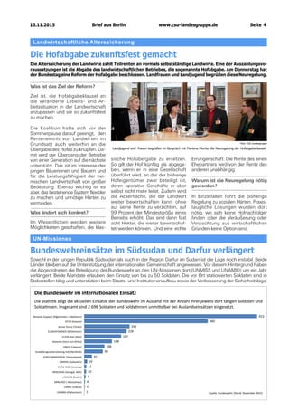 13.11.2015		 www.csu-landesgruppe.de	 Seite 4
923
660
242
226
197
148
108
99
41
16
11
10
7
4
3
1
Resolute Support (Afghanistan, Usbekistan)
KFOR (Kosovo)
Active Fence (Türkei)
EUNAVFOR MED (Mittelmeer)
EUTM Mali (Mali)
Atalanta (Horn von Afrika)
UNIFIL (Libanon)
Ausbildungsunterstützung Irak (Nordirak)
STRATAIRMEDEVAC (Deutschland)
UNMISS (Südsudan)
EUTM SOM (Somalia)
MINUSMA (Senegal, Mali)
UNAMID (Sudan)
MINURSO ( Westsahara)
UNMIL (Liberia)
UNAMA (Afghanistan)
Landwirtschaftliche Alterssicherung
Die Hofabgabe zukunftsfest gemacht
Die Alterssicherung der Landwirte zahlt Teilrenten an vormals selbstständige Landwirte. Eine der Auszahlungsvo-
raussetzungen ist die Abgabe des landwirtschaftlichen Betriebes, die sogenannte Hofabgabe. Am Donnerstag hat
der Bundestag eine Reform der Hofabgabe beschlossen. Landfrauen und Landjugend begrüßen diese Neuregelung.
Was ist das Ziel der Reform?
Ziel ist, die Hofabgabeklausel an
die veränderte Lebens- und Ar-
beitssituation in der Landwirtschaft
anzupassen und sie so zukunftsfest
zu machen.
Die Koalition hatte sich vor der
Sommerpause darauf geeinigt, den
Renteneintritt von Landwirten im
Grundsatz auch weiterhin an die
Übergabe des Hofes zu knüpfen. Da-
mit wird der Übergang der Betriebe
von einer Generation auf die nächste
unterstützt. Das ist im Interesse der
jungen Bäuerinnen und Bauern und
für die Leistungsfähigkeit der hei-
mischen Landwirtschaft von großer
Bedeutung. Ebenso wichtig ist es
aber, das bestehende System flexibler
zu machen und unnötige Härten zu
vermeiden.
Was ändert sich konkret?
Im Wesentlichen werden weitere
Möglichkeiten geschaffen, die klas-
sische Hofübergabe zu ersetzen.
So gilt der Hof künftig als abgege-
ben, wenn er in eine Gesellschaft
überführt wird, an der der bisherige
Hofeigentümer zwar beteiligt ist,
deren operative Geschäfte er aber
selbst nicht mehr leitet. Zudem wird
die Acker­fläche, die der Landwirt
weiter bewirtschaften kann, ohne
auf seine Rente zu verzichten, auf
99 Prozent der Mindestgröße eines
Betriebs erhöht. Das sind dann fast
acht Hektar, die weiter bewirtschaf-
tet werden können. Und eine echte
Errungenschaft: Die Rente des einen
Ehepartners wird von der Rente des
anderen unabhängig.
Warum ist die Neuregelung nötig
geworden?
In Einzelfällen führt die bisherige
Regelung zu sozialen Härten. Praxis-
taugliche Lösungen wurden dort
nötig, wo sich keine Hofnachfolger
finden oder die Veräußerung oder
Verpachtung aus wirtschaftlichen
Gründen keine Option sind.
Foto: CSU-Landesgruppe
Landjugend und -frauen begrüßen im Gespräch mit Marlene Mortler die Neuregelung der Hofabgabeklausel
UN-Missionen
Bundeswehreinsätze im Südsudan und Darfur verlängert
Sowohl in der jungen Republik Südsudan als auch in der Region Darfur im Sudan ist die Lage noch instabil. Beide
Länder bleiben auf die Unterstützung der internationalen Gemeinschaft angewiesen. Vor diesem Hinter­grund haben
die Abgeordneten die Beteiligung der Bundeswehr an den UN-Missionen dort (UNMISS und UNAMID) um ein Jahr
verlängert. Beide Mandate erlauben den Einsatz von bis zu 50 Soldaten. Die vor Ort stationierten Soldaten sind in
Stabsstellen tätig und unterstützen beim Staats- und Institutionenaufbau sowie der Verbesserung der Sicherheitslage.
Die Bundeswehr im internationalen Einsatz
Die Statistik zeigt die aktuellen Einsätze der Bundeswehr im Ausland mit der Anzahl ihrer jeweils dort tätigen Soldaten und
Soldatinnen. Insgesamt sind 2.696 Soldaten und Soldatinnen unmittelbar bei Auslandseinsätzen eingesetzt.
Quelle: Bundeswehr (Stand: November 2015)
Brief aus Berlin
 