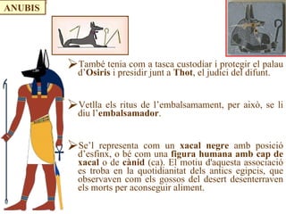 També tenia com a tasca custodiar i protegir el palau d’ Osiris  i presidir junt a  Thot , el judici del difunt. Vetlla els ritus de l’embalsamament, per això, se li diu l’ embalsamador . Se’l representa com un  xacal negre  amb posició d’esfinx, o bé com una  figura humana amb cap de xacal  o de  cànid  (ca). El motiu d'aquesta associació es troba en la quotidianitat dels antics egipcis, que observaven com els gossos del desert desenterraven els morts per aconseguir aliment. ANUBIS 