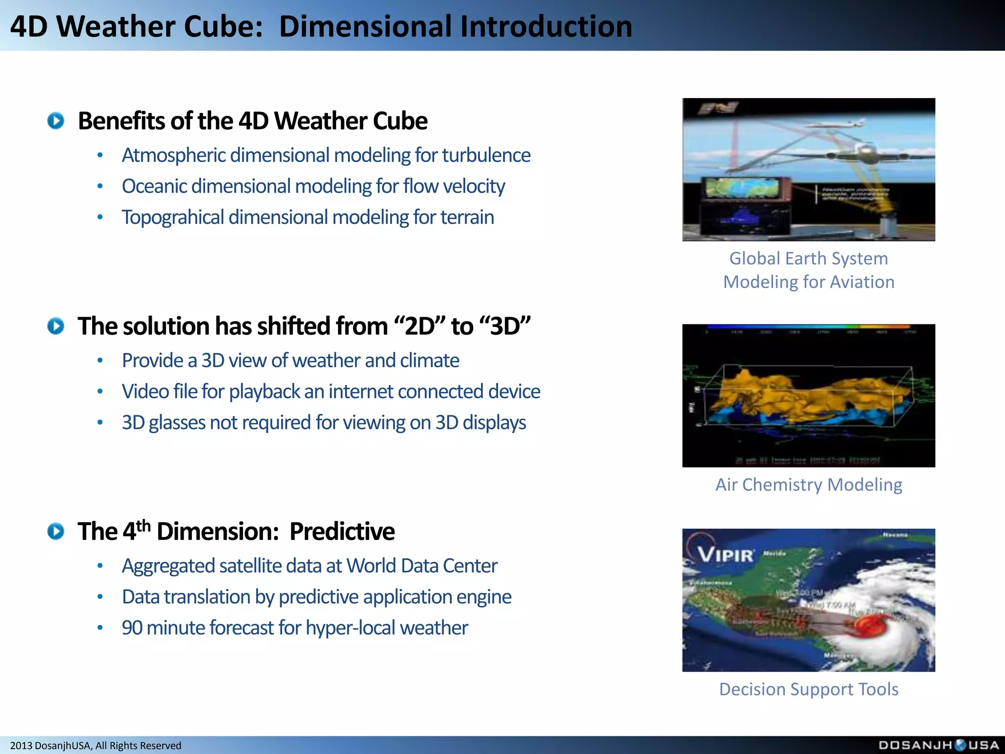 4D Weather Cube: Dimensional Introduction

              Benefits of the 4D Weather Cube
                  • Atmospheric dimensional modeling for turbulence
                  • Oceanic dimensional modeling for flow velocity
                  • Topograhical dimensional modeling for terrain

                                                                           Global Earth System
                                                                           Modeling for Aviation

              The solution has shifted from “2D” to “3D”
                  • Provide a 3D view of weather and climate
                  • Video file for playback an internet connected device
                  • 3D glasses not required for viewing on 3D displays


                                                                           Air Chemistry Modeling

              The 4th Dimension: Predictive
                  • Aggregated satellite data at World Data Center
                  • Data translation by predictive application engine
                  • 90 minute forecast for hyper-local weather


                                                                           Decision Support Tools

2013 DosanjhUSA, All Rights Reserved
 